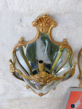 Load image into Gallery viewer, Charming Vintage French Pair Wall Lights Sconces Gilded Bronze Rare Curved Glass