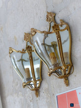 Load image into Gallery viewer, Charming Vintage French Pair Wall Lights Sconces Gilded Bronze Rare Curved Glass