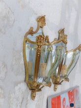 Load image into Gallery viewer, Charming Vintage French Pair Wall Lights Sconces Gilded Bronze Rare Curved Glass