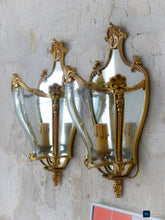 Load image into Gallery viewer, Charming Vintage French Pair Wall Lights Sconces Gilded Bronze Rare Curved Glass