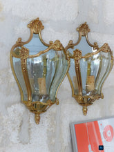 Load image into Gallery viewer, Charming Vintage French Pair Wall Lights Sconces Gilded Bronze Rare Curved Glass