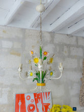 Load image into Gallery viewer, 1960's Charming Florentine Chandelier Enameled Metal Tole Flower Italian Ceiling