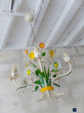 Load image into Gallery viewer, 1960's Charming Florentine Chandelier Enameled Metal Tole Flower Italian Ceiling