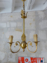 Load image into Gallery viewer, 1950 Vintage French 3 Arms Ormolu Bronze Brass Chandelier Ceiling Empire Palm