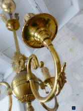 Load image into Gallery viewer, 1950 Vintage French 3 Arms Ormolu Bronze Brass Chandelier Ceiling Empire Palm