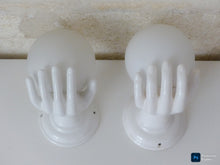 Load image into Gallery viewer, Gorgeous Vintage French Set 2x Wall Lights Ceramic Hand Lamp 1970 Glass Shades