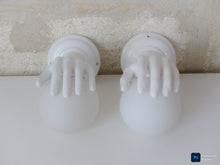 Load image into Gallery viewer, Gorgeous Vintage French Set 2x Wall Lights Ceramic Hand Lamp 1970 Glass Shades