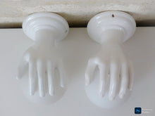 Load image into Gallery viewer, Gorgeous Vintage French Set 2x Wall Lights Ceramic Hand Lamp 1970 Glass Shades