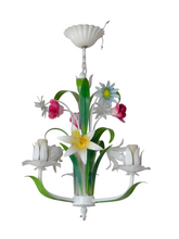 Load image into Gallery viewer, 60's Charming Florentine Chandelier Enameled Metal Tole Flowers Italian Ceiling3