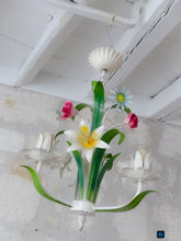 Load image into Gallery viewer, 60's Charming Florentine Chandelier Enameled Metal Tole Flowers Italian Ceiling3
