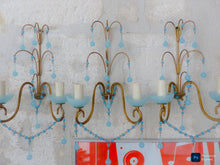 Load image into Gallery viewer, MURANO 1930 Antique Set 3x Wall Light Aqua Blue Opaline Drops Cup Bead Ceiling