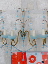 Load image into Gallery viewer, MURANO 1930 Antique Set 3x Wall Light Aqua Blue Opaline Drops Cup Bead Ceiling