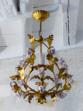 Load image into Gallery viewer, Charming Gilt Vintage Italian Chandelier Toleware Porcelain Flowers Foliage Rose