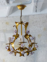Load image into Gallery viewer, Charming Gilt Vintage Italian Chandelier Toleware Porcelain Flowers Foliage Rose