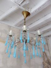 Load image into Gallery viewer, 1950 Vintage Venetian Chandelier Aqua Blue Opaline Drops MURANO 6 lights Ceiling