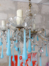 Load image into Gallery viewer, 1950 Vintage Venetian Chandelier Aqua Blue Opaline Drops MURANO 6 lights Ceiling