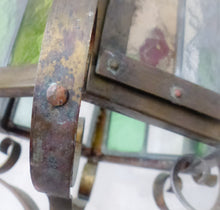 Load image into Gallery viewer, Large Antique French Lantern Gothic Castle Brass 1870 Chandelier Stained Glass