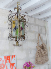 Load image into Gallery viewer, Large Antique French Lantern Gothic Castle Brass 1870 Chandelier Stained Glass