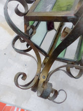 Load image into Gallery viewer, Large Antique French Lantern Gothic Castle Brass 1870 Chandelier Stained Glass