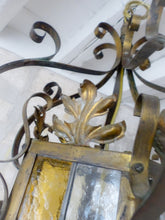 Load image into Gallery viewer, Large Antique French Lantern Gothic Castle Brass 1870 Chandelier Stained Glass
