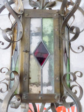 Load image into Gallery viewer, Large Antique French Lantern Gothic Castle Brass 1870 Chandelier Stained Glass