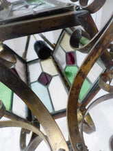 Load image into Gallery viewer, Large Antique French Lantern Gothic Castle Brass 1870 Chandelier Stained Glass