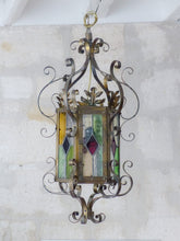Load image into Gallery viewer, Large Antique French Lantern Gothic Castle Brass 1870 Chandelier Stained Glass