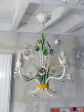 Load image into Gallery viewer, PAIR Vintage Florentine Chandelier Enameled Tole Flower Italian Ceiling Roses