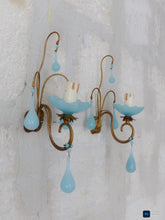 Load image into Gallery viewer, 1930 MURANO Antique PAIR Wall Light Aqua Blue Opaline Drops Cup Bead Sconce rare