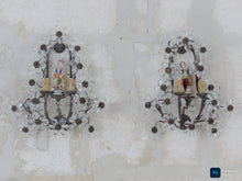 Load image into Gallery viewer, Gorgeous Antique PAIR Wall Light Clear Prisms Flowers Sconces Porcelain Figurine