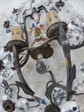 Load image into Gallery viewer, Gorgeous Antique PAIR Wall Light Clear Prisms Flowers Sconces Porcelain Figurine