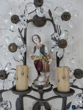 Load image into Gallery viewer, Gorgeous Antique PAIR Wall Light Clear Prisms Flowers Sconces Porcelain Figurine