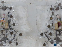 Load image into Gallery viewer, Gorgeous Antique PAIR Wall Light Clear Prisms Flowers Sconces Porcelain Figurine