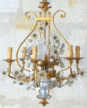 Load image into Gallery viewer, Excpt. MAISON BAGUES French Mid-Century Gilt Iron Floral Lyre Chandelier Chinese