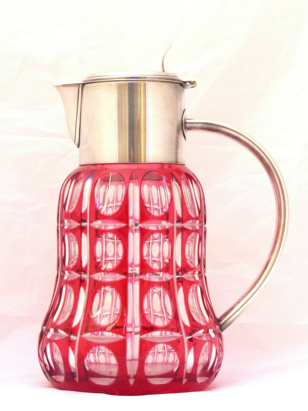 SAINT ST LOUIS Huge Water Jug Pitcher RUBY Cut Crystal Silver Plate Antique 19TH