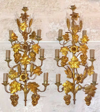 Load image into Gallery viewer, Large Antique FRENCH Pair Gilded Brass Wall Light Sconces with grapes vine 19TH