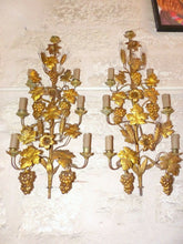 Load image into Gallery viewer, Large Antique FRENCH Pair Gilded Brass Wall Light Sconces with grapes vine 19TH