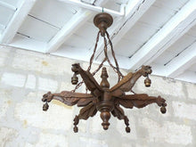 Load image into Gallery viewer, Large Vintage French Carved Wood Gothic Chimera Chandelier 6 Lights Gargoye 1950