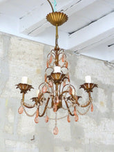 Load image into Gallery viewer, Vintage Chandelier Pink Drops Prisms Beads 1920 Italian Gilded metal 5 Lights