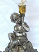 Load image into Gallery viewer, Superb Antique French Oil Lamp Figural Cherub Complete 19TH Silverplated

