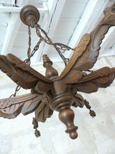 Load image into Gallery viewer, Large Vintage French Carved Wood Gothic Chimera Chandelier 6 Lights Gargoye 1950