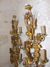 Load image into Gallery viewer, Large Antique FRENCH Pair Gilded Brass Wall Light Sconces with grapes vine 19TH