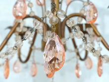 Load image into Gallery viewer, Vintage Chandelier Pink Drops Prisms Beads 1920 Italian Gilded metal 5 Lights