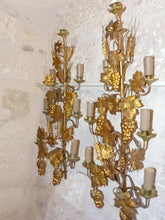 Load image into Gallery viewer, Large Antique FRENCH Pair Gilded Brass Wall Light Sconces with grapes vine 19TH