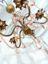 Load image into Gallery viewer, Vintage Chandelier Pink Drops Prisms Beads 1920 Italian Gilded metal 5 Lights