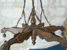 Load image into Gallery viewer, Large Vintage French Carved Wood Gothic Chimera Chandelier 6 Lights Gargoye 1950