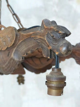 Load image into Gallery viewer, Large Vintage French Carved Wood Gothic Chimera Chandelier 6 Lights Gargoye 1950