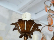 Load image into Gallery viewer, Vintage Chandelier Pink Drops Prisms Beads 1920 Italian Gilded metal 5 Lights