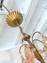 Load image into Gallery viewer, Vintage Chandelier Pink Drops Prisms Beads 1920 Italian Gilded metal 5 Lights