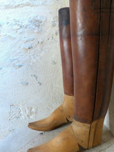 Load image into Gallery viewer, Large Antique Pair French Authentic Riding Boot Trees Solid Wood and Leather